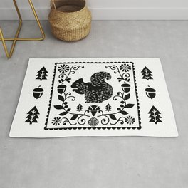 Woodland Folk Black And White Squirrel Tile Rug | Nature, Children, Silhouette, Forest, Evergreen, Squirrel, Blackandwhite, Pine, Painting, Flowers 