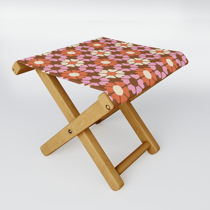 Bold Geometric Flower Power Pattern in Pink, Orange, Brown & Beige Folding Stool