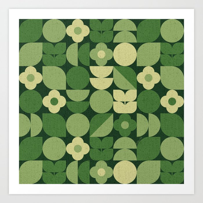 Bauhaus Geometric Shapes Moss Green Art Print