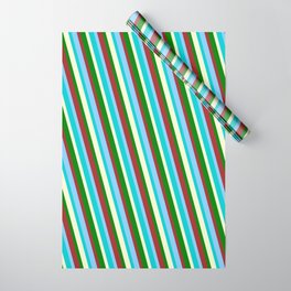 [ Thumbnail: Colorful Brown, Light Sky Blue, Dark Turquoise, Light Yellow & Green Colored Lined/Striped Pattern Wrapping Paper ]