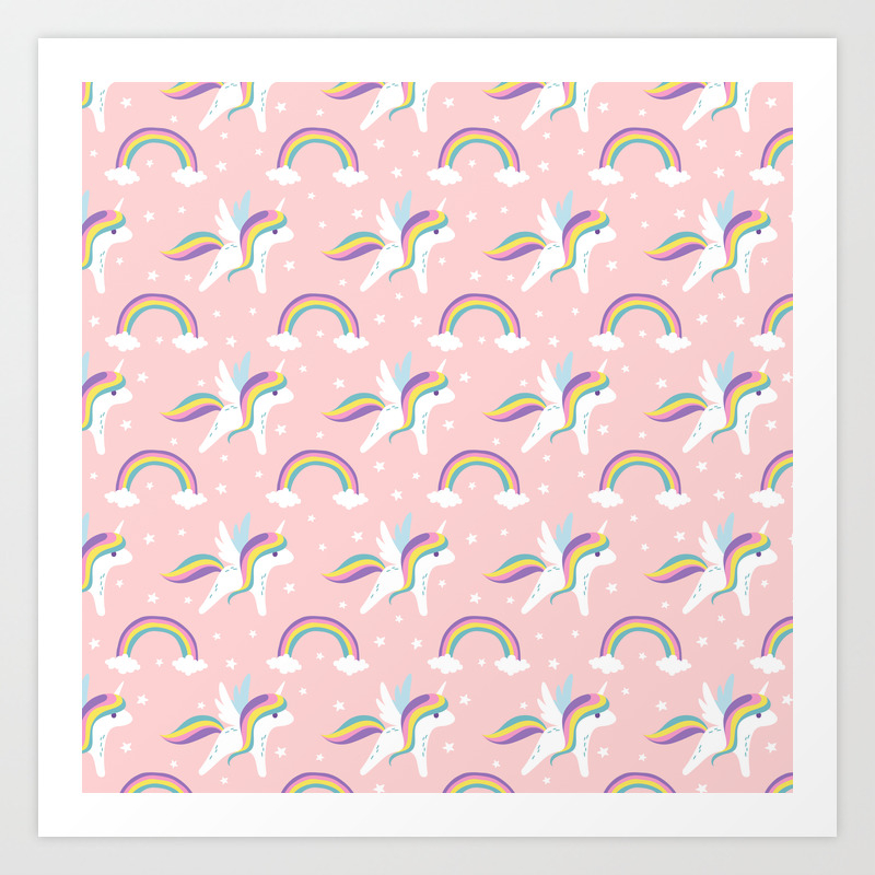 Girly Pastel Pink White Magical Rainbow Cute Unicorn Pattern Art Print By Pink Water Society6