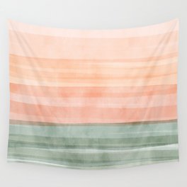 Light Sage Green Waves on a Peach Horizon, Abstract _watercolor color block Wall Tapestry