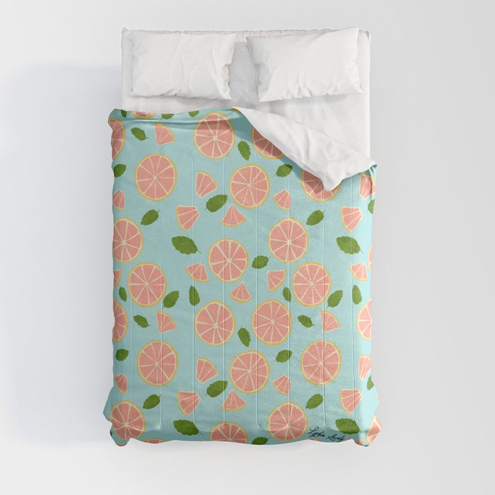 Pink lemons- blue background Comforter