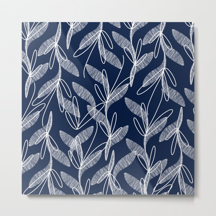 Etched Leaves Botanical Pattern in White and Nautical Navy Blue Metal Print