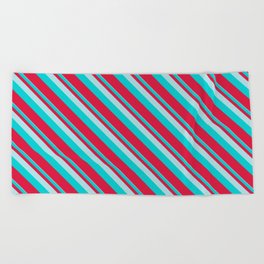 [ Thumbnail: Powder Blue, Dark Turquoise, and Crimson Colored Lined Pattern Beach Towel ]