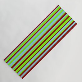[ Thumbnail: Sky Blue, Green & Dark Red Colored Lined Pattern Yoga Mat ]