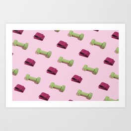 Pastel pink fitness pattern with dumbbels Art Print