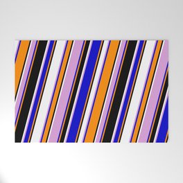 [ Thumbnail: Eye-catching Plum, Blue, Dark Orange, Black & White Colored Stripes/Lines Pattern Welcome Mat ]