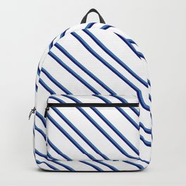 [ Thumbnail: White, Blue & Midnight Blue Colored Striped Pattern Backpack ]