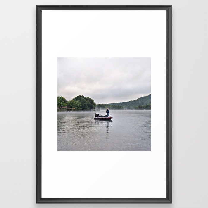 Misty Morning Fishing on the Lake Framed Art Print