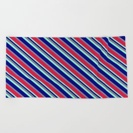 [ Thumbnail: Aquamarine, Blue, Light Slate Gray & Crimson Colored Lines/Stripes Pattern Beach Towel ]