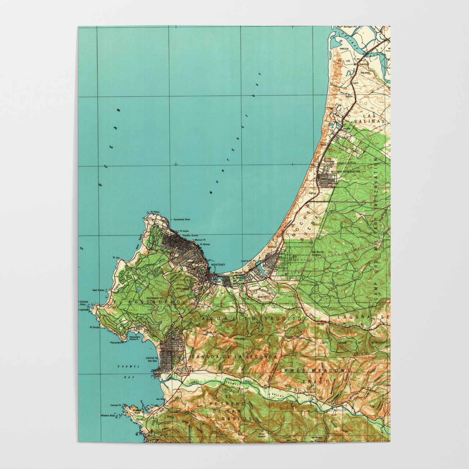 Map of Monterey Peninsula California Postcard Linen Unposted 