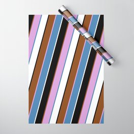 [ Thumbnail: Vibrant Brown, Plum, Blue, White, and Black Colored Lined/Striped Pattern Wrapping Paper ]