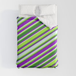 [ Thumbnail: Dark Violet, Light Cyan, Light Green & Forest Green Colored Lines Pattern Duvet Cover ]
