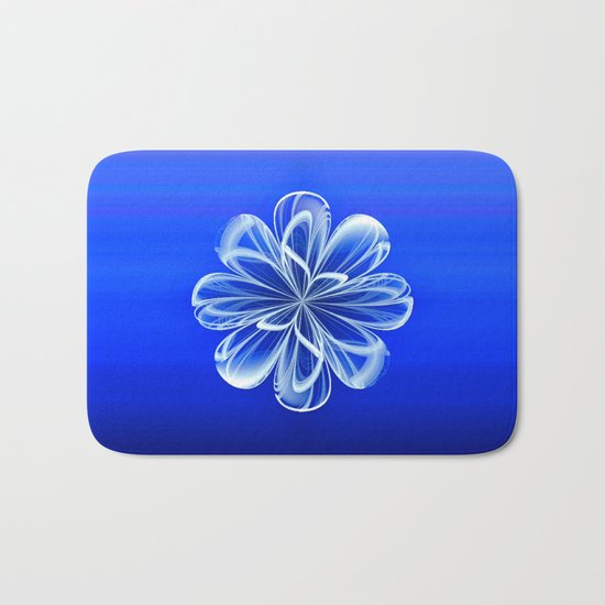 White Bloom on Blue Bath Mat