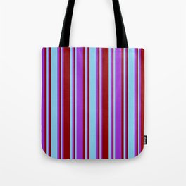 [ Thumbnail: Sky Blue, Dark Orchid, and Dark Red Colored Pattern of Stripes Tote Bag ]