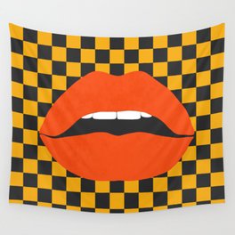 Funky pop-art sexy lips,  black yellow check. Wall Tapestry