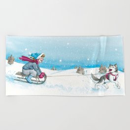 Anna and Husk in the snow Beach Towel