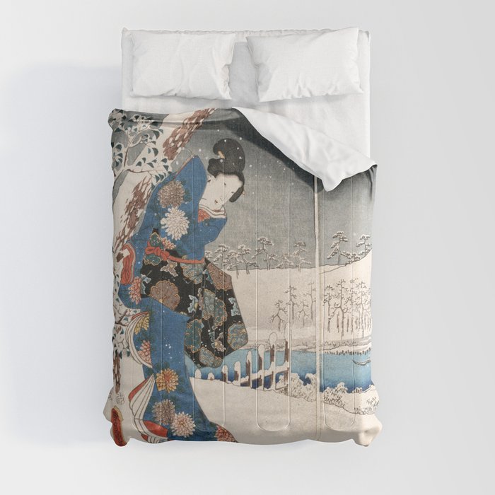 Japanese Vintage Kunisada Hiroshige Snowy Landscape Comforter