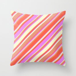 [ Thumbnail: Dark Salmon, Red, Violet, and Light Yellow Colored Lined/Striped Pattern Throw Pillow ]