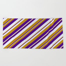 [ Thumbnail: Dark Goldenrod, Indigo, and Lavender Colored Lined Pattern Beach Towel ]