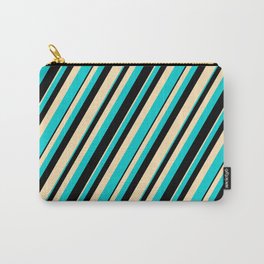 [ Thumbnail: Beige, Dark Turquoise & Black Colored Lines/Stripes Pattern Carry-All Pouch ]