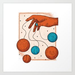 Planet Puppets - Hand playing planets Art Print | Planet, Planetpuppets, Galaxy, Universe, Stars, Hand, Aesthetic, Curated, Space, Graphicdesign 
