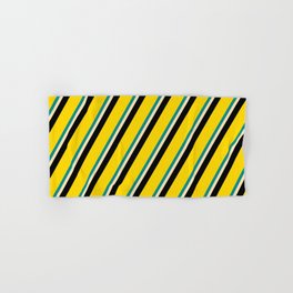 [ Thumbnail: Dark Cyan, Beige, Black & Yellow Colored Stripes/Lines Pattern Hand & Bath Towel ]