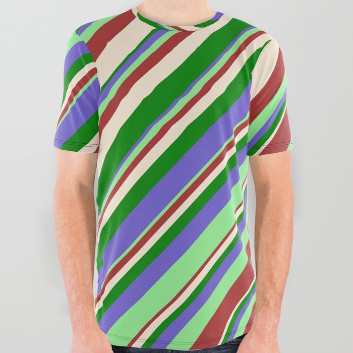 Slate Blue, Light Green, Brown, Beige & Green Colored Pattern of Stripes All Over Graphic Tee