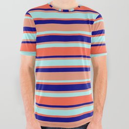 [ Thumbnail: Blue, Dark Salmon, Turquoise, and Red Colored Striped/Lined Pattern All Over Graphic Tee ]