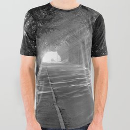 Tuscan Rays of Sun - Tuscany, Italy sunlight through the leafy trees portrait black and white photograph - photography - photographs All Over Graphic Tee