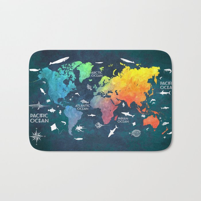 Ocean World Map color #map #worldmap Bath Mat