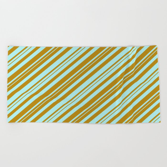 Dark Goldenrod & Turquoise Colored Lines/Stripes Pattern Beach Towel
