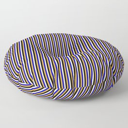 [ Thumbnail: Bisque, Black, Goldenrod, and Blue Colored Pattern of Stripes Floor Pillow ]