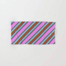 [ Thumbnail: Slate Gray, Violet, Aqua & Sienna Colored Striped/Lined Pattern Hand & Bath Towel ]