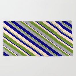 [ Thumbnail: Green, Dark Grey, Blue, and Bisque Colored Stripes/Lines Pattern Beach Towel ]