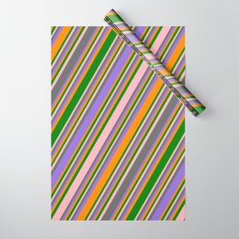 [ Thumbnail: Colorful Light Pink, Dim Grey, Purple, Dark Orange & Green Colored Stripes Pattern Wrapping Paper ]