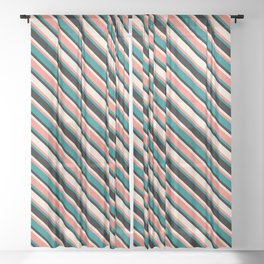 [ Thumbnail: Beige, Salmon, Teal, and Black Colored Lined Pattern Sheer Curtain ]