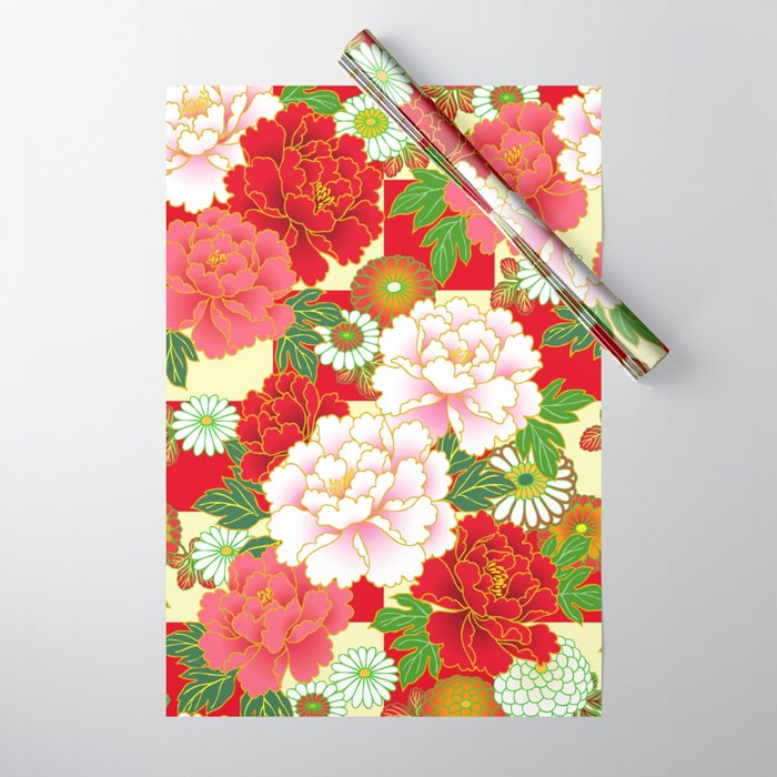 Red Pink Peony Vintage Japanese Floral Kimono Pattern Wrapping Paper by  Vicky Brago-Mitchell®
