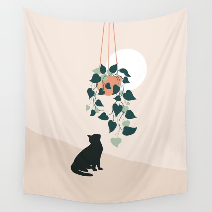 Cat with Plant Wall Tapestry