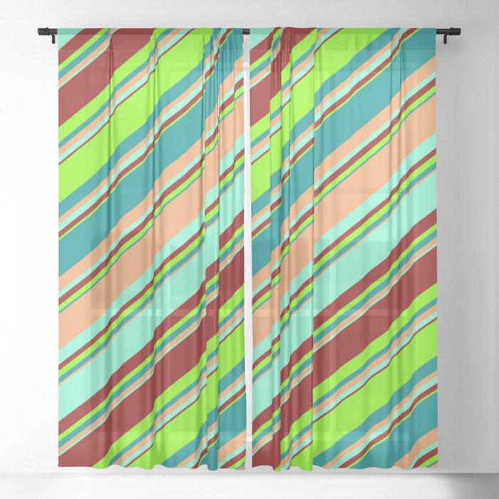 Eyecatching Dark Cyan, Brown, Aquamarine, Dark Red, and Chartreuse Colored Striped/Lined Pattern Sheer Curtain