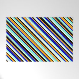 [ Thumbnail: Vibrant Mint Cream, Black, Orange, Blue & Aquamarine Colored Lined/Striped Pattern Welcome Mat ]