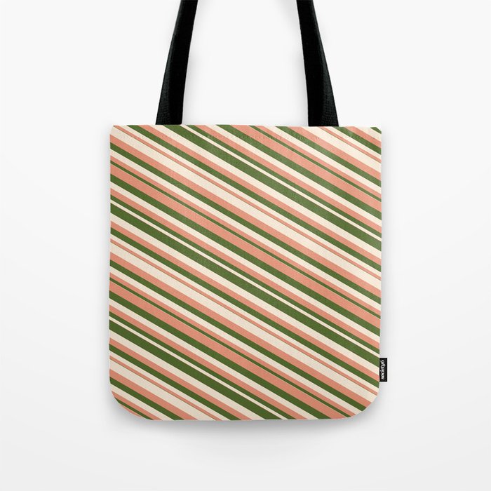 Dark Salmon, Dark Olive Green & Beige Colored Lines/Stripes Pattern Tote Bag