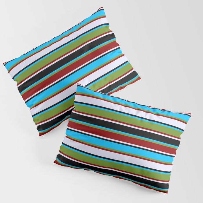 Eyecatching Deep Sky Blue, Green, Dark Red, Lavender, and Black Colored Lines/Stripes Pattern Pillow Sham