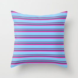 [ Thumbnail: Dark Cyan, Deep Pink, and Light Sky Blue Colored Lined Pattern Throw Pillow ]
