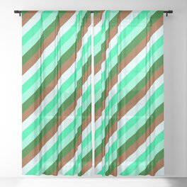 [ Thumbnail: Eyecatching Green, Aquamarine, Dark Green, Brown & Light Cyan Colored Stripes/Lines Pattern Sheer Curtain ]