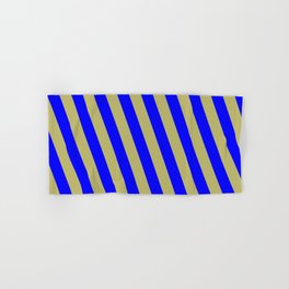[ Thumbnail: Dark Khaki and Blue Colored Pattern of Stripes Hand & Bath Towel ]