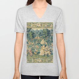 Antique 17th Century Flemish Verdure Landscape Tapestry V Neck T Shirt