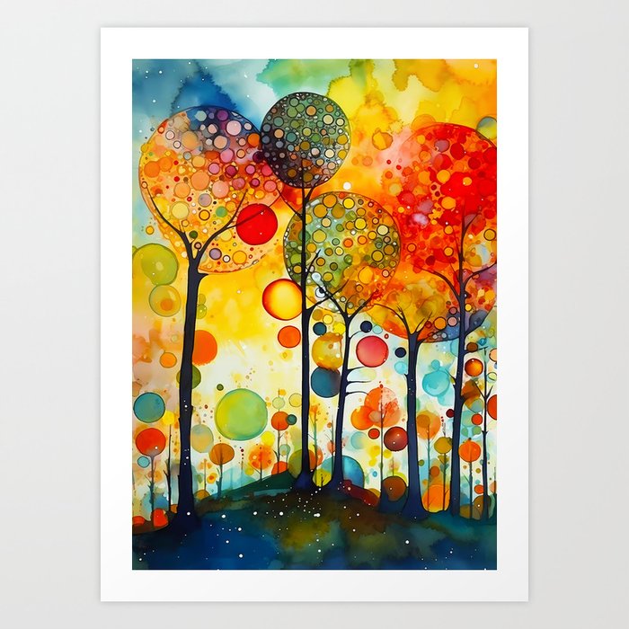 Watercolor colorful  dot trees Art Print