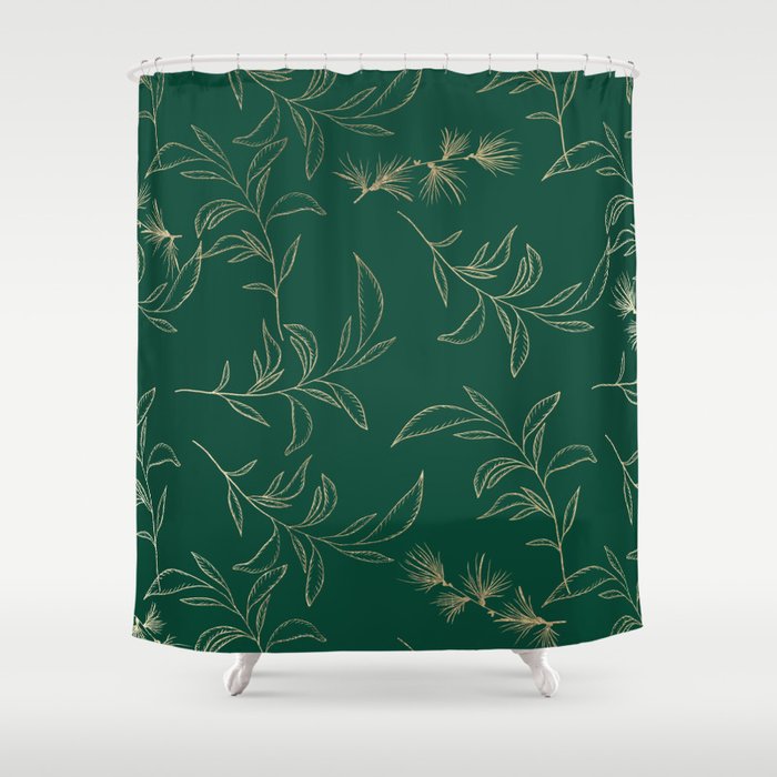 Forest green elegant gold foil botanical leaves pattern Shower Curtain
